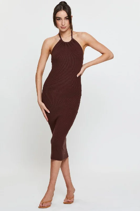 Brown Knit Dress Midi Halter Neck