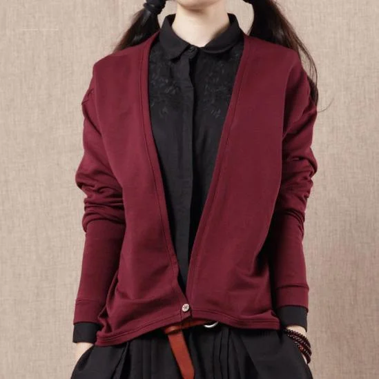 Burgundy Deep V knitted cotton cardigan jacket