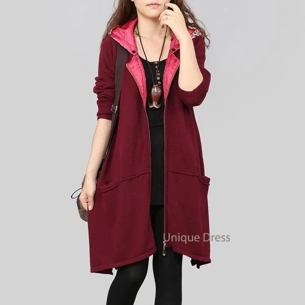 Burgundy zippered women sweater cardigan coat