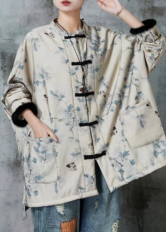 Casual Apricot Oversized Print Warm Fleece Coat Outwear Spring