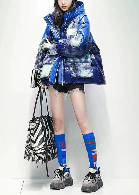 Casual Blue Hooded Patchwork Print Duck Down Puffer Jacket Winter