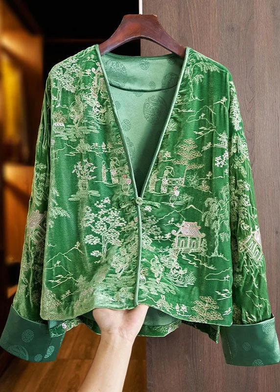 Casual Green V Neck Embroideried Button Silk Velour Coats Fall