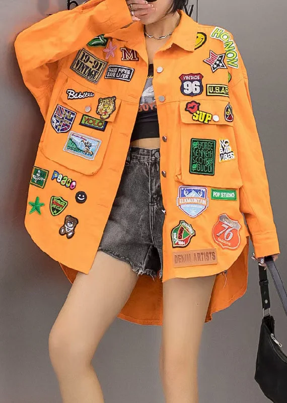 Casual Orange Pockets Graphic Patchwork Denim Coat Spring