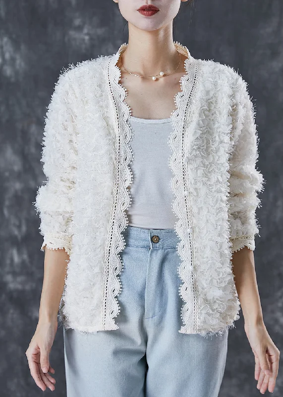 Casual White Tasseled Patchwork Lace Knit Loose Coat Spring