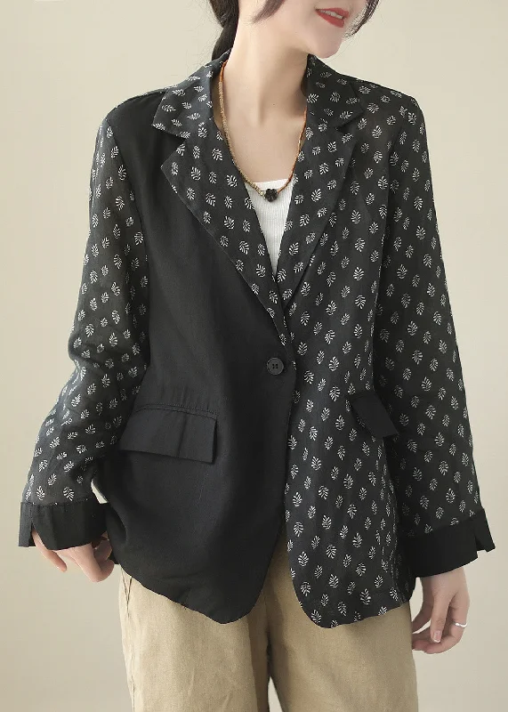 Chic Black Patchwork Button Ramie Coat Spring