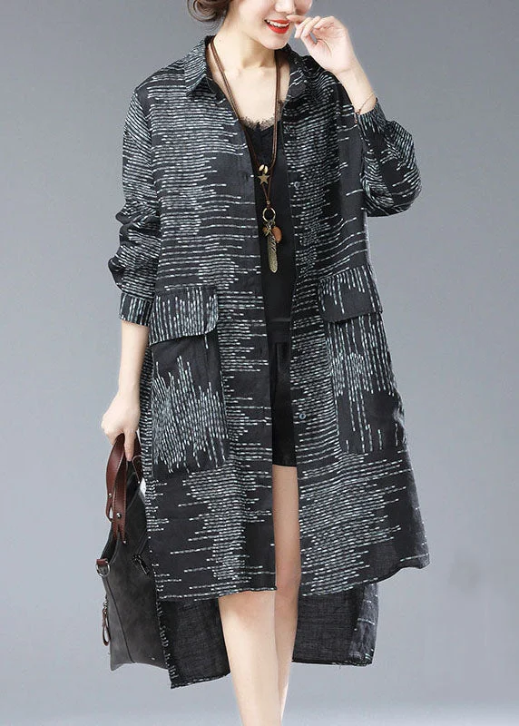 Chic Black Peter Pan Collar Print Pockets Patchwork Cotton Long Coat Fall