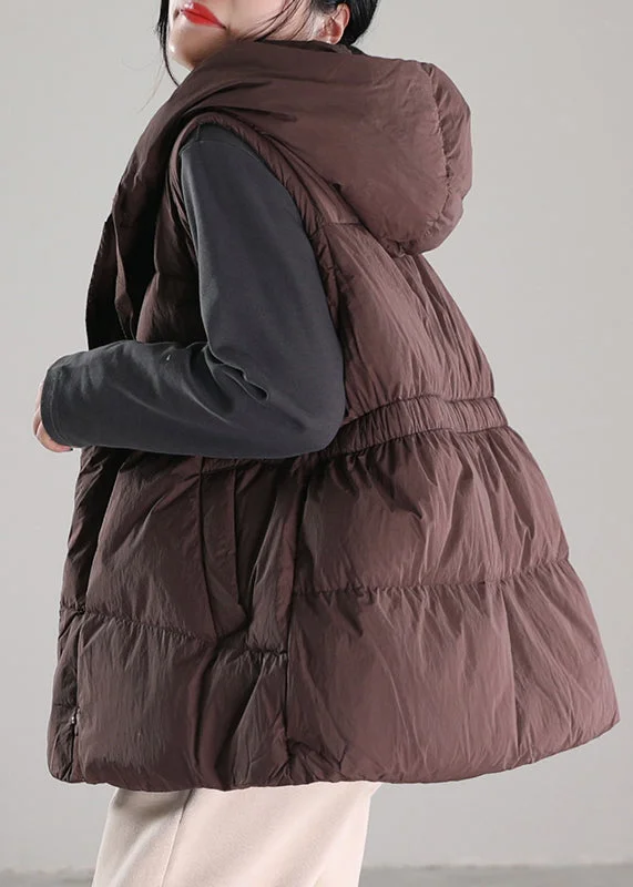 Chic Coffee Drawstring Duck Down Hooded Waistcoat Winter