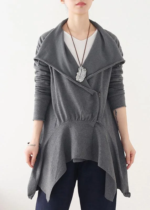 Chic Grey Peter Pan Collar Zippered Fall Short Coat