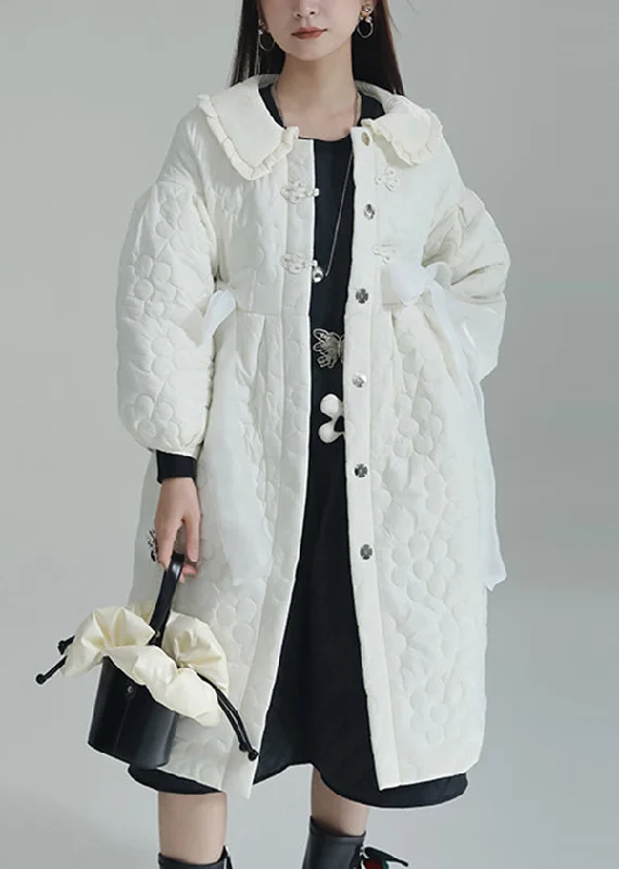 Chic White Peter Pan Collar Pockets Fine Cotton Filled Witner Coat