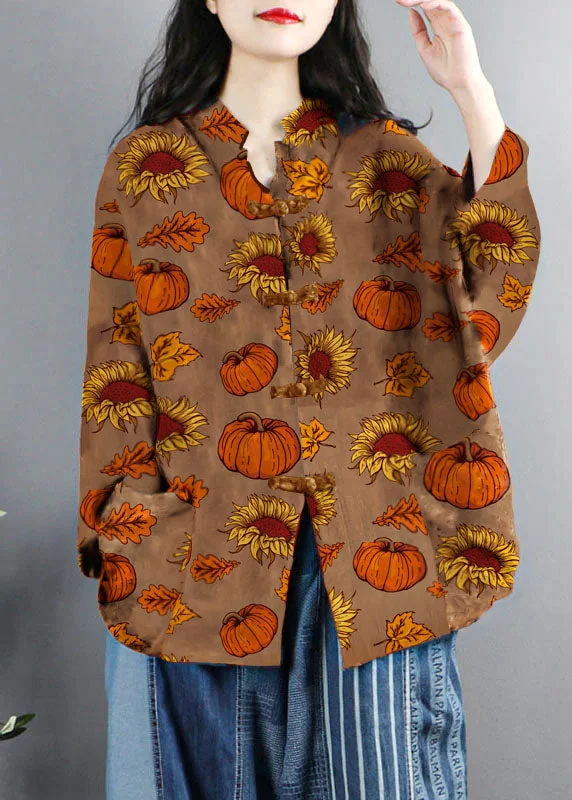 Chinese Style Brown-pumpkin Print Pockets Button Patchwork Cotton Coats Long Sleeve