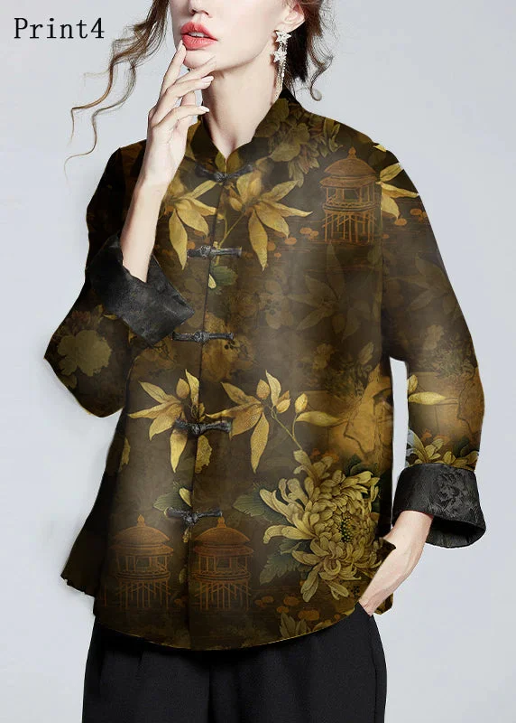 Chinese Style Print4 Stand Collar Button Print Silk Coats Long Sleeve