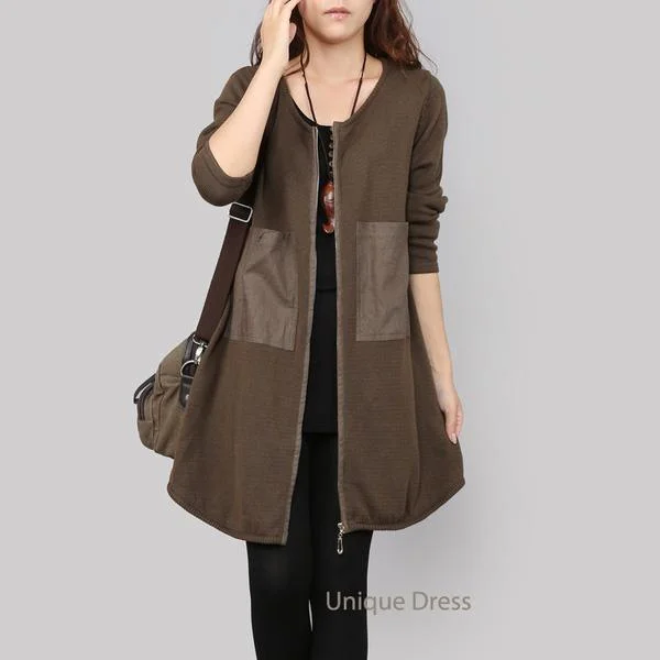 Chocolate PU patchwork women sweater coat cardigan