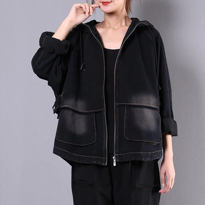 Classy hooded embroidery Fine outfit denim black silhouette jackets