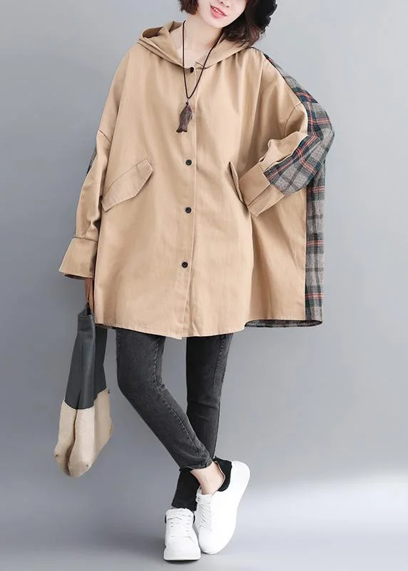 Classy Hooded Patchwork Fashion Tunic Coats Khaki Coats