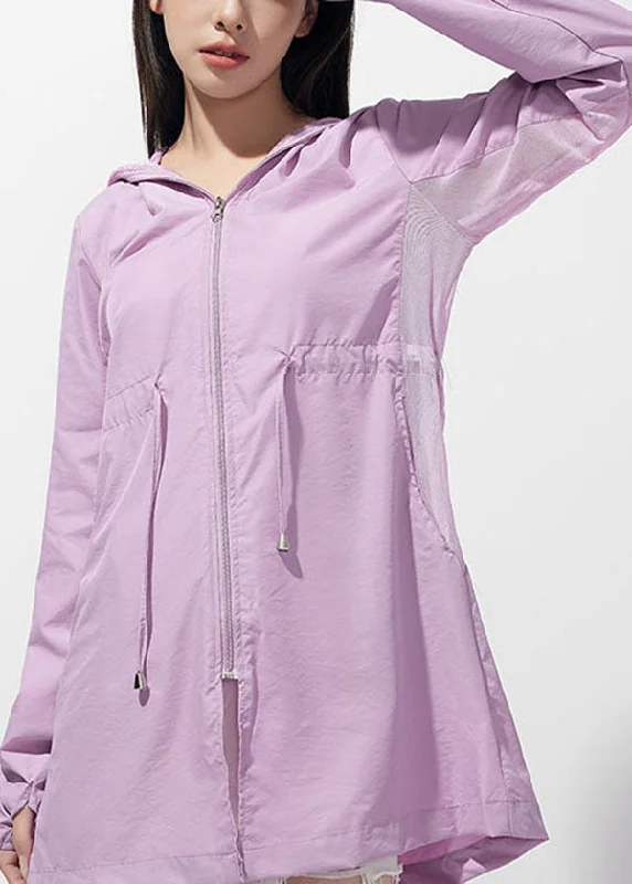 Classy Purple Hooded Pockets Drawstring Patchwork Ice Silk UPF 50+ Coat Summer