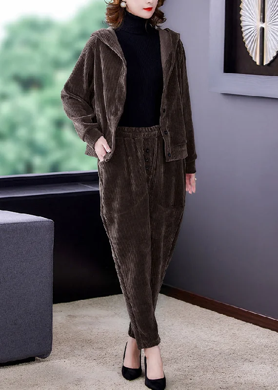 Coffee Patchwork Hooded Corduroy Coats And Harem Pants Two Pieces Set Fall