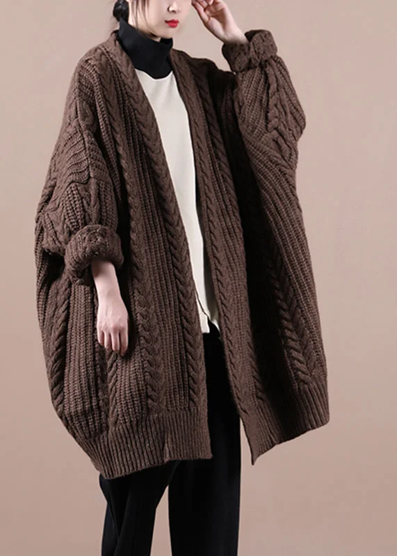 Coffee V Neck Cable Knit Sweaters Coats Winter