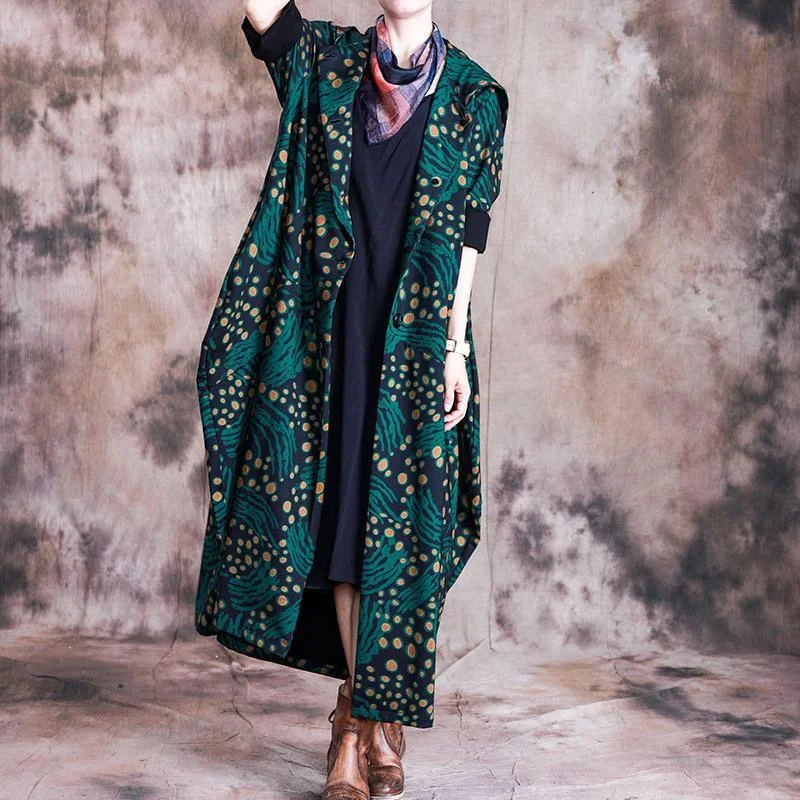 diy hooded Fashion winter Coats Women green prints Art outwears