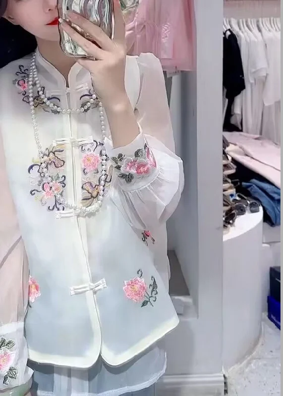 DIY White Embroideried Button Chiffon Waistcoat And Shirts Two Piece Set