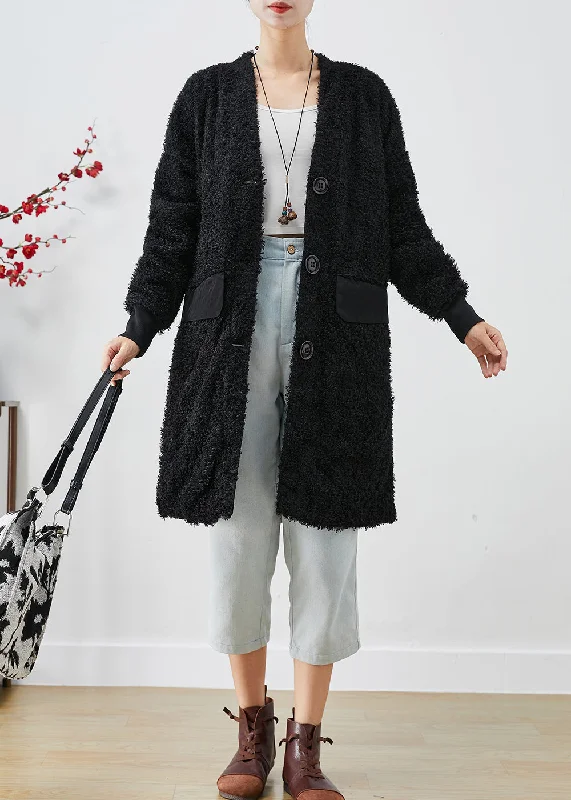 Elegant Black Oversized Patchwork Faux Fur Teddy Coat Fall