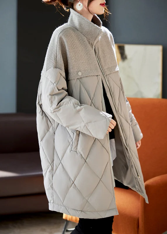 Elegant Grey Woolen Patchwork Duck Down Down Coat Winter