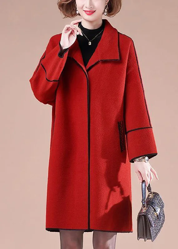 Elegant Red Oversized Patchwork Woolen Coats Winter