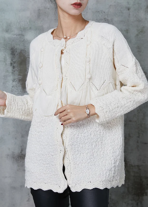 Elegant White Ruffles Patchwork Knit Coat Outwear Spring