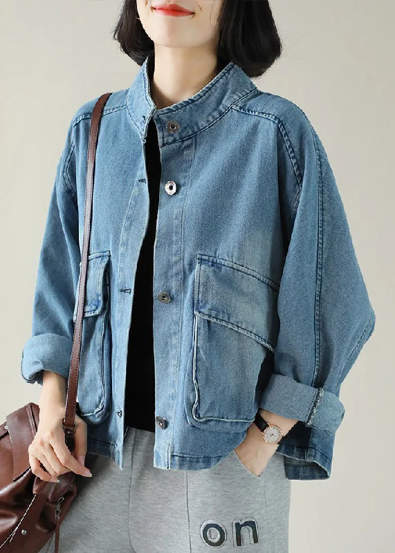 Fashion Blue Stand Collar Button Big Pockets Denim Coat Long Sleeve