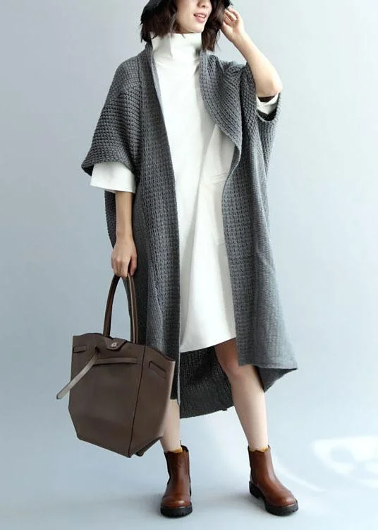 Fashion Dark Gray Bat Wing Sleeve Pockets Fall Knitwear Coat