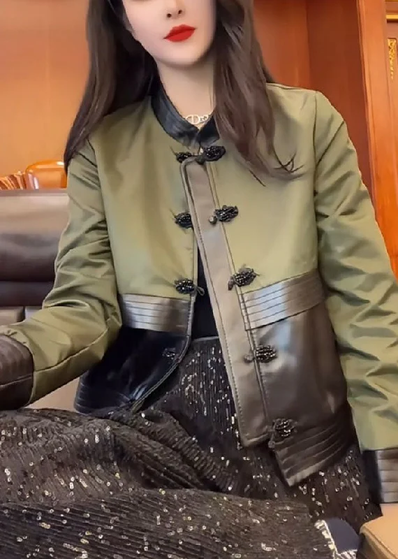 Fashion Green O-Neck Patchwork Button Leather Jacket Fall