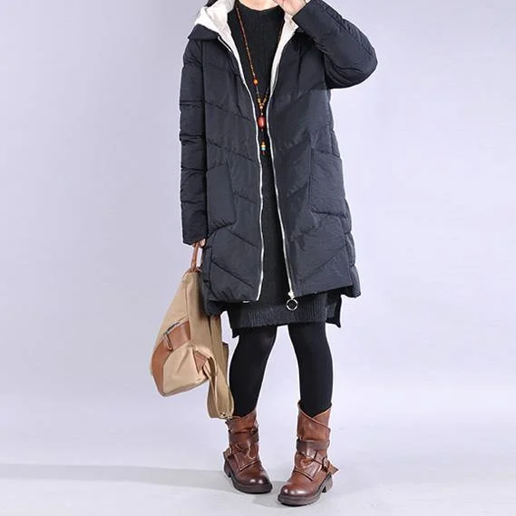 Fine black zippered casual outfit casual Jackets & Coats low high design hooded winter coats