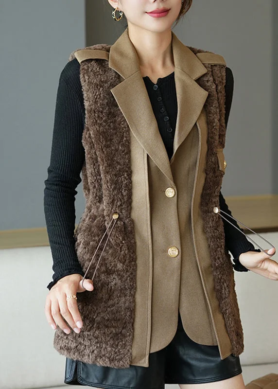 Fine Chocolate Notched Patchwork Button Faux Fur Waistcoat Fall