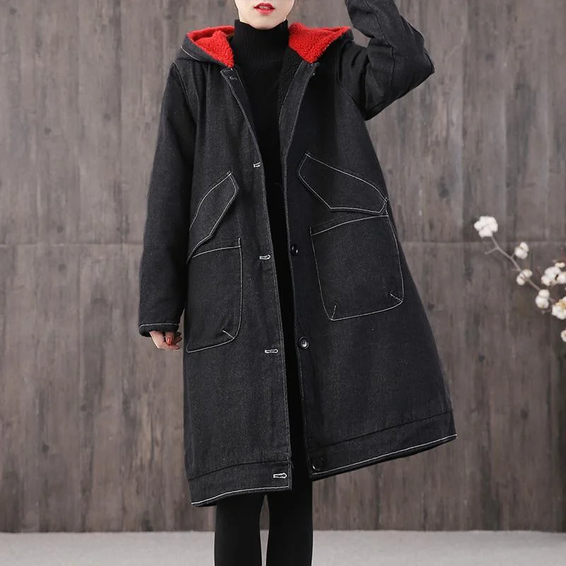 Fine denim black print Parkas oversized Coats hooded pockets outwear