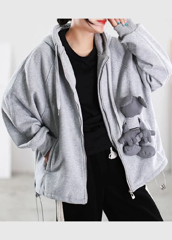 Fine Grey Hooded Pockets Warm Fleece Sweatshirts Top Spring Coat