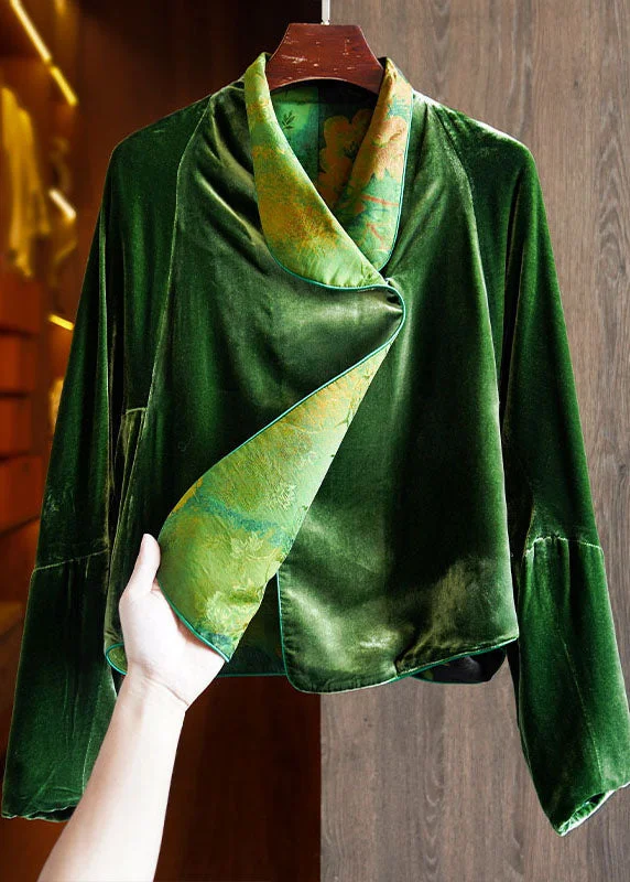 Fitted Green Silk Velour Coats Notched Long Sleeve