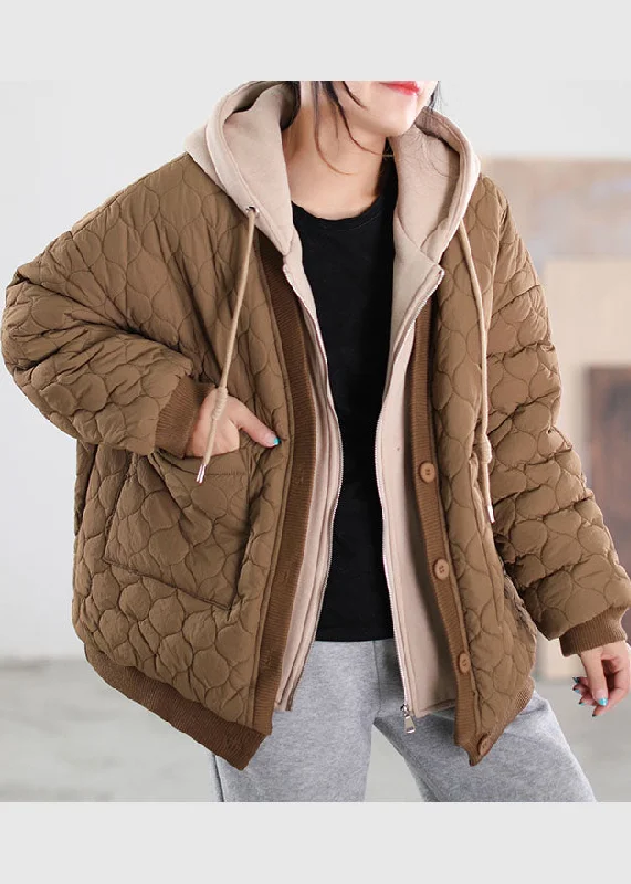 French Coffee Hooded Patchwork Fine Cotton Filled Winter Coats