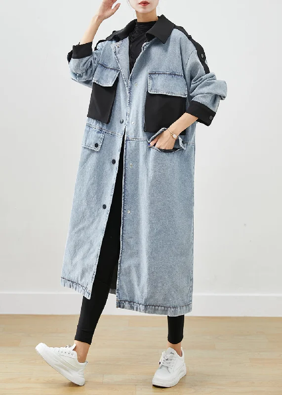 French Light Blue Peter Pan Collar Patchwork Pockets Denim Coats Fall