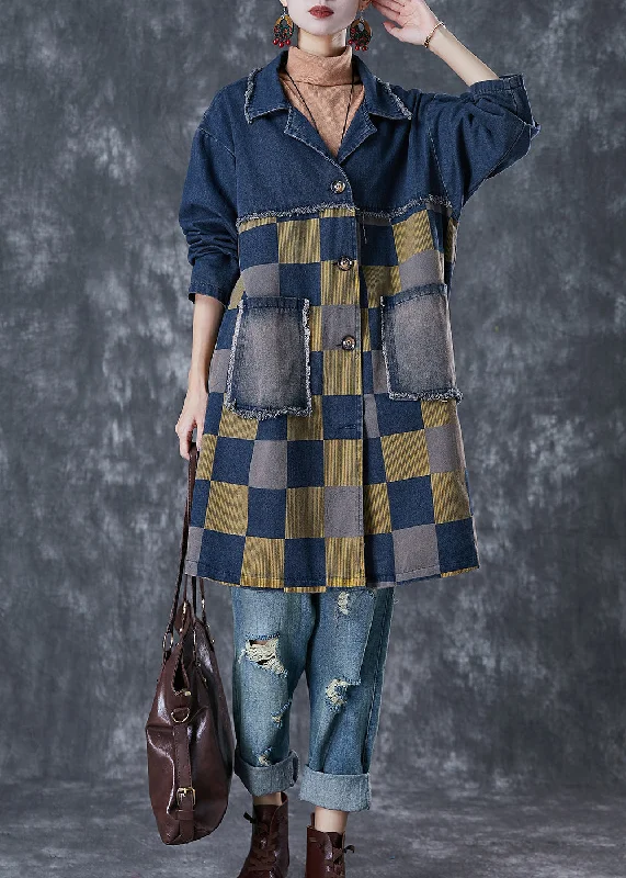 French Navy Oversized Patchwork Plaid Denim Coats Fall