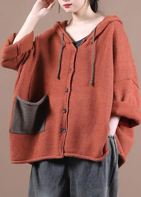 French Red Pockets Casual Sweater Coat