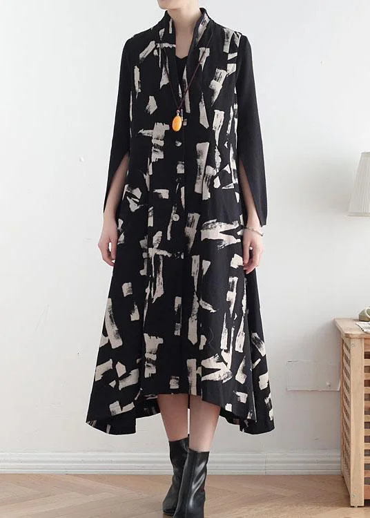 French White Print Pockets Cotton Dress Asymmetrical Design Waistcoat Fall Long Dress