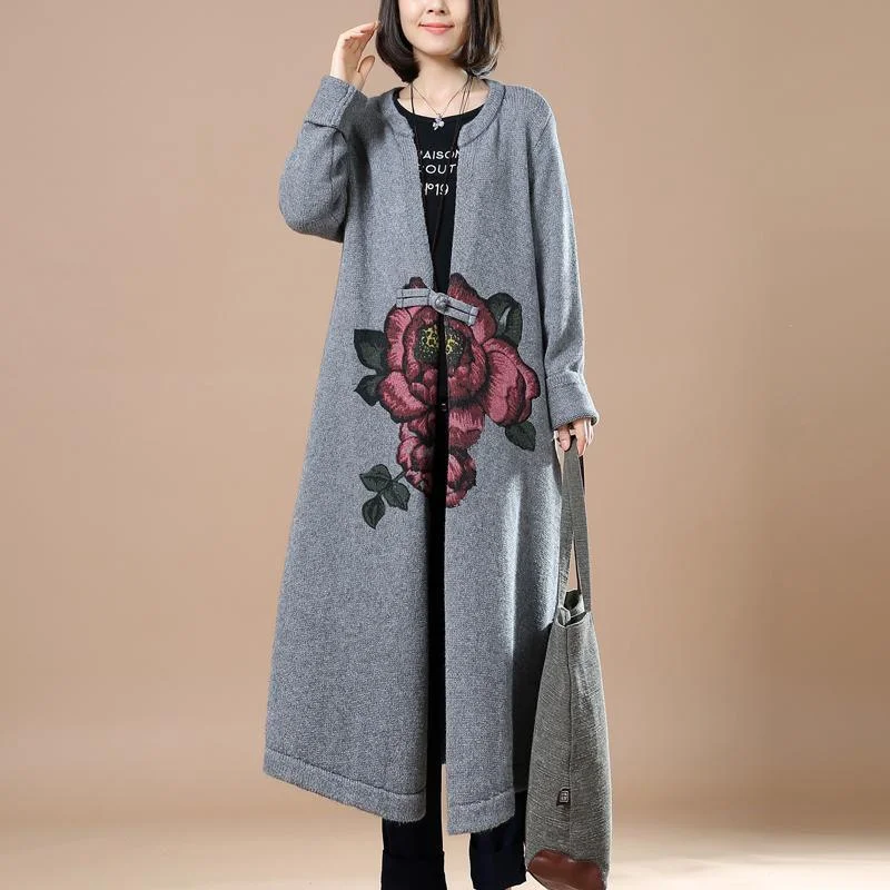 Gray floral knit coats woman cardigans