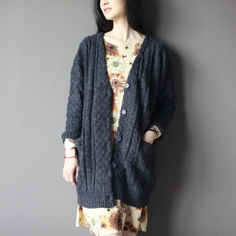 Gray woolen knitted cardigan coat plus size