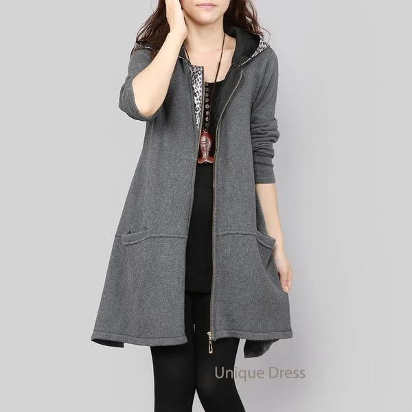 Gray zippered women long sweater cardigan coat