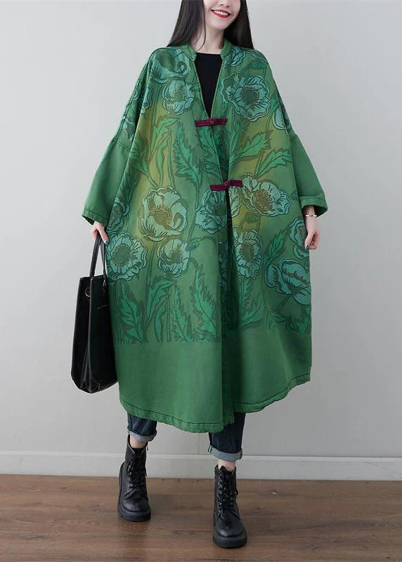 Green Chinese Button Print Cotton Coats V Neck Spring