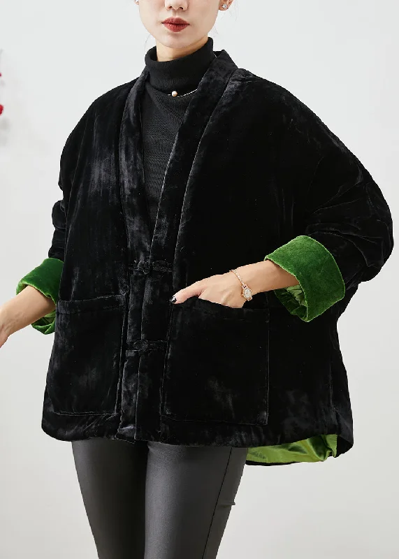 Handmade Black Chinese Button Thick Cotton Filled Silk Velour Coats Winter