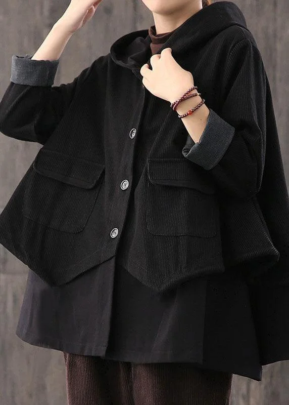 Handmade Black drawstring Patchwork Striped Casual Coat Fall