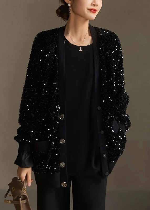 Handmade Black Sequins Button Pockets Cotton Coat Spring