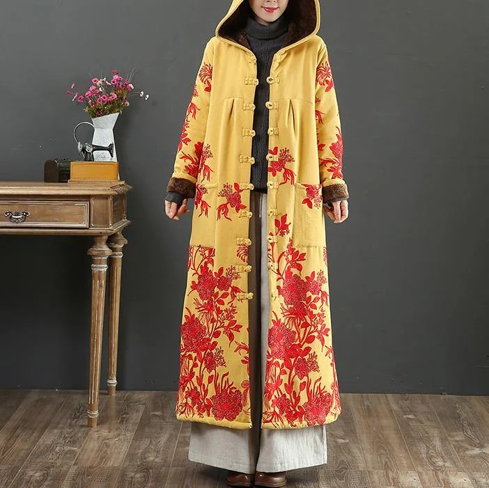 Handmade embroidery Fine hooded box coat yellow baggy outwears