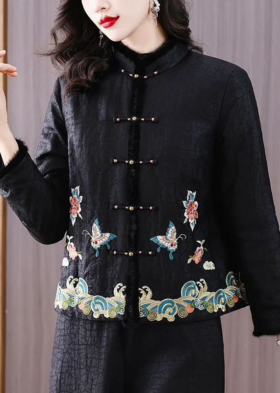 Handmade Vintage Black Embroidered Fine Cotton Filled Jacket Winter