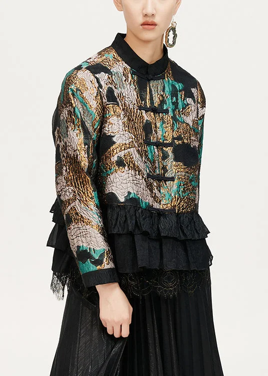 Jacquard Coffee Ruffled Button Cotton Coat Long Sleeve